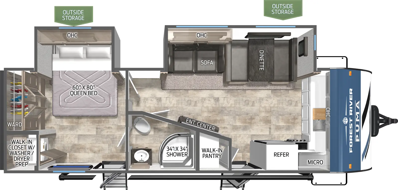 The Puma 26FKDS floorplan has two entries and two slide outs. Exterior features include: metal exterior and 20' awning. Interiors features include: front kitchen and rear bedroom.